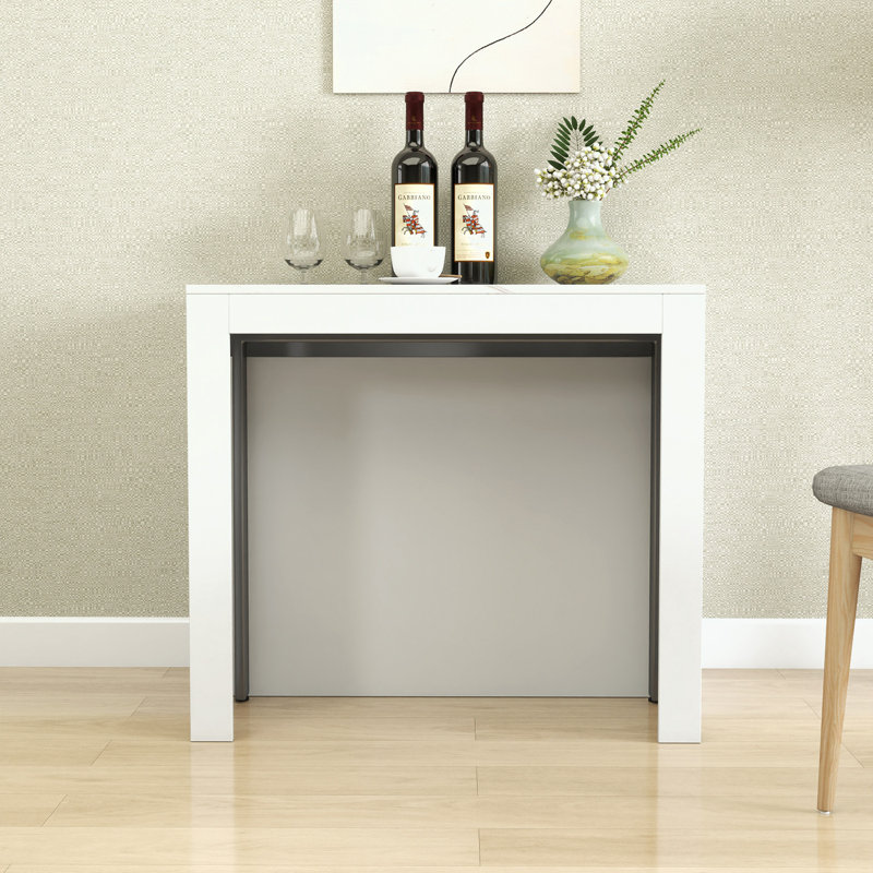 Table de salle à manger extensible avec prise et rangement, Blanc, Blanc