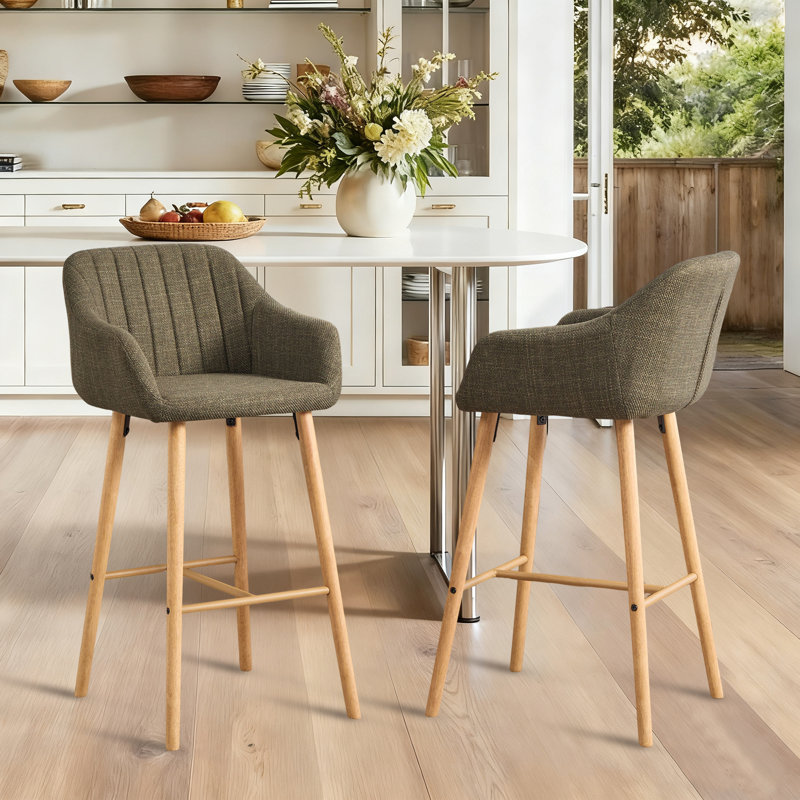 Tabouret de bar 29,5 po en lin avec pieds en bois, Olive