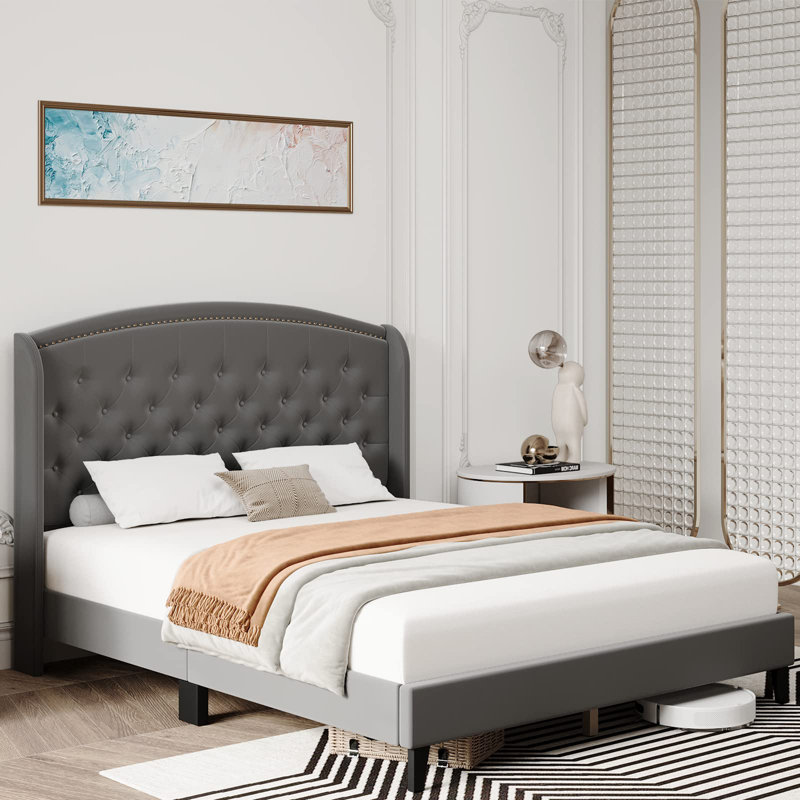 King Size Bed Frame, Velvet Upholstered Platform Bed Frame With Button Tufted Headboard, Full, Gray