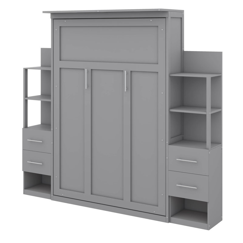 Lit escamotable mural polyvalent avec tablettes, tiroirs et éclairage DEL, Gris, Lit double