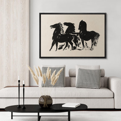 Black Horse Ink Painting Animal Neutral Living Room Decor Framed Canvas Print Wall Art
