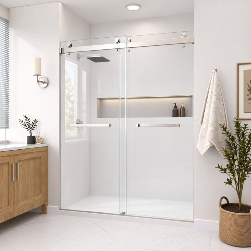 Porte de douche coulissante double sans cadre Catalyst en nickel brossé avec verre transparent de 3/8 po de l 62 po x H 76 po Catalyst