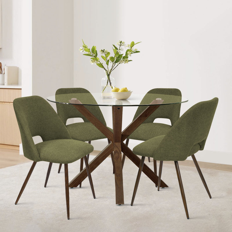 Aunnika 5-Piece Round Dining Set with Tempered Glass Table, Green