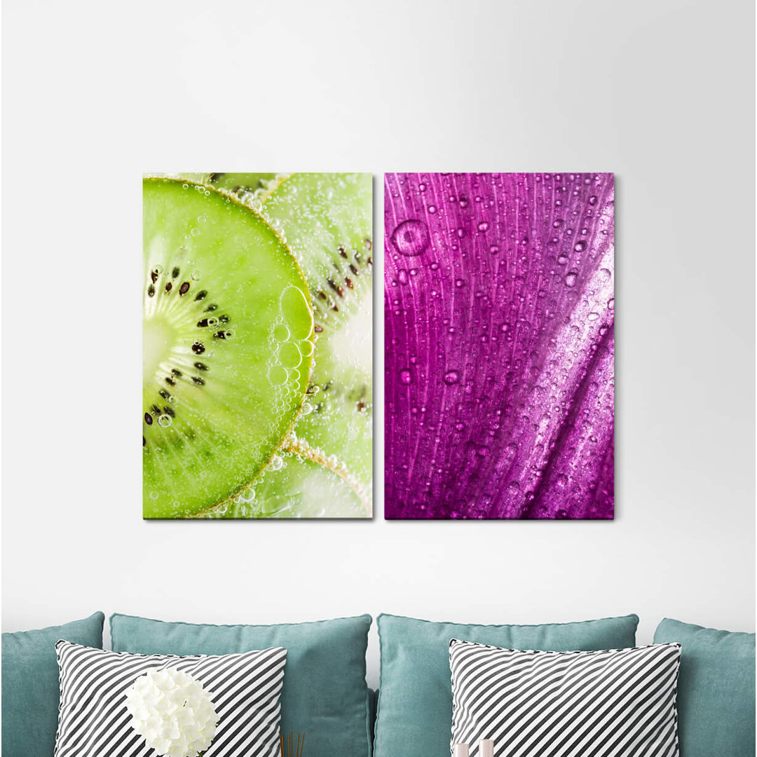 2-tlg. Leinwandbilder-Set - Grafikdruck „Kiwi Water Drops Green Fresh Violet Blossom Kitchen”