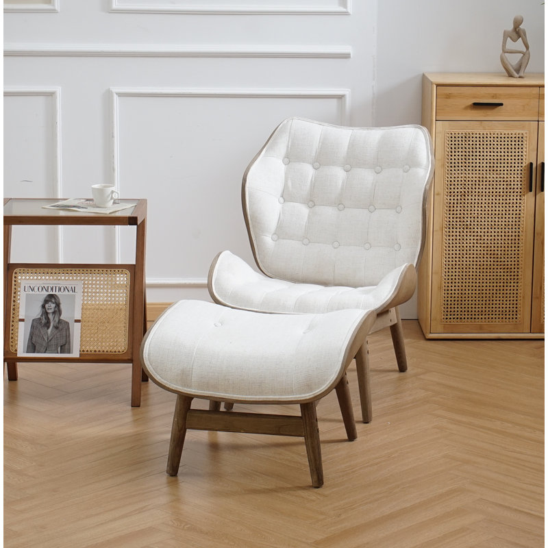 Jeyshan Upholstered Tufted Lounge Chair and Ottoman, White Polyester