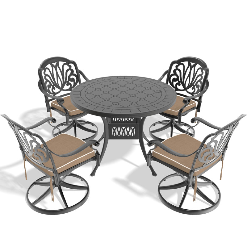 Table ronde 39,37 po All-Weather 5, 4 chaises pivotantes, fonte d'aluminium noir, 5 pièces: table, 4 chaises