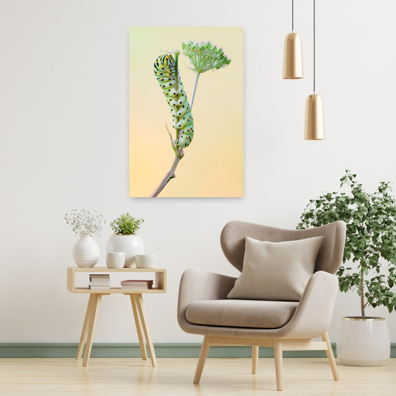 Green Caterpillar Climbing Delicate Vibrant Contemporary Animal Nature Wall Art Print 1 Piece Wrapped Canvas Wall Art