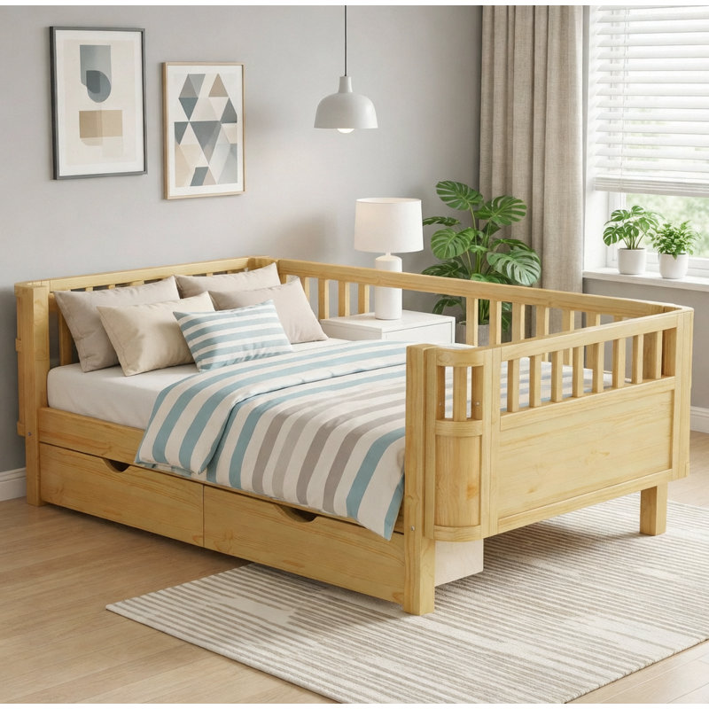 Lit plateforme en bois polyvalent avec rangement, Naturel, Lit simple