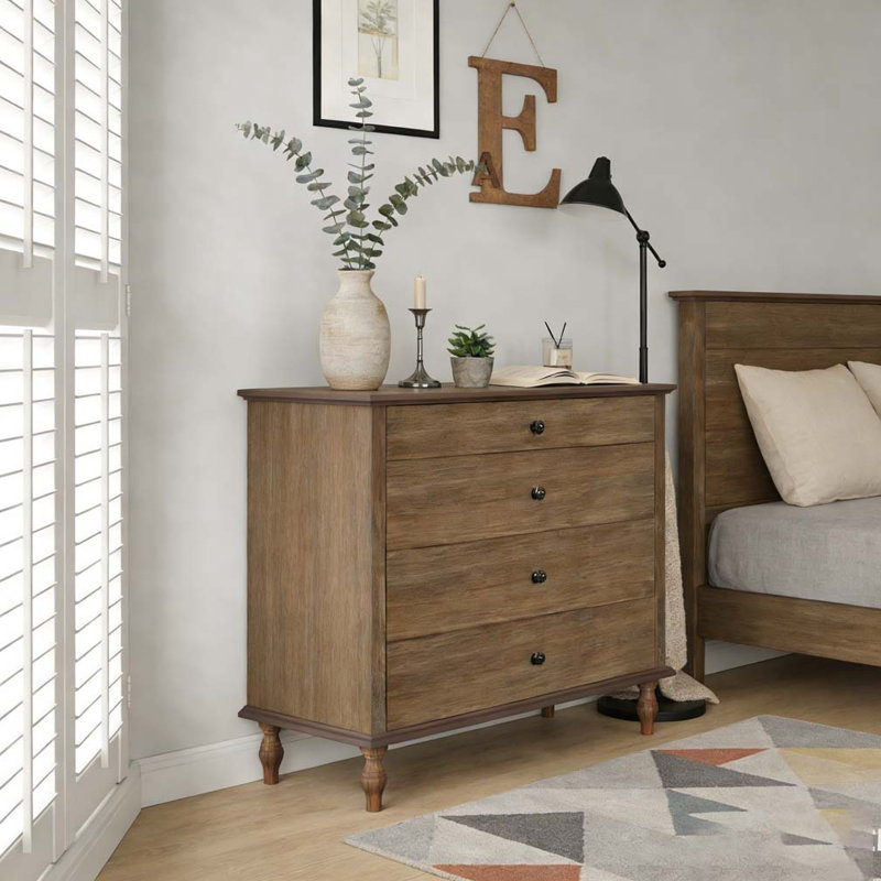 Large 4-Drawer Chest with Solid Wood Foot, Deep Rustic Brown