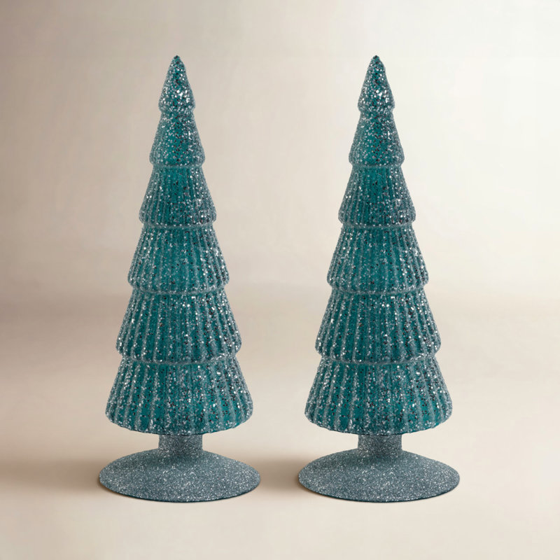 Amaryllis Glass Tree on Glitter Base, 9.5" H x 3.5" W x 3.5" D, Blue/Silver