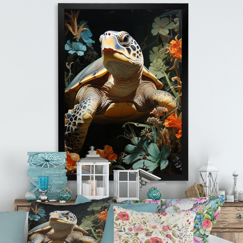 «Turtle Tranquility In The Ocean I», reproduction d'art sur toile, Cadre simple noir, H 32 po x l 16 po x P 1 po
