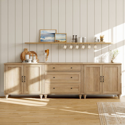 Scarlett Buffet Cabinet, Kitchen Sideboard Cabinet with 4 Wood Doors and 3 Wooden Drawer, Oak, 102"