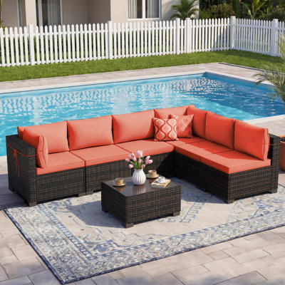 7-Piece Patio Conversation Sets, Outdoor Rattan Wicker Sectional Sofa with Tea Table & Cushions