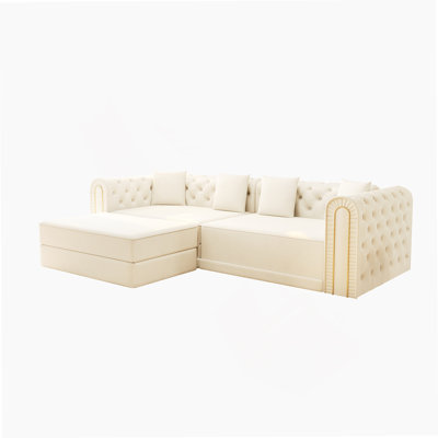 90.6-Inch 3-In-1 Convertible Sleeper Sofa With Movable Ottoman, Button Tufting, And Gold Edge Trim For Multi-Functional Living Spaces.