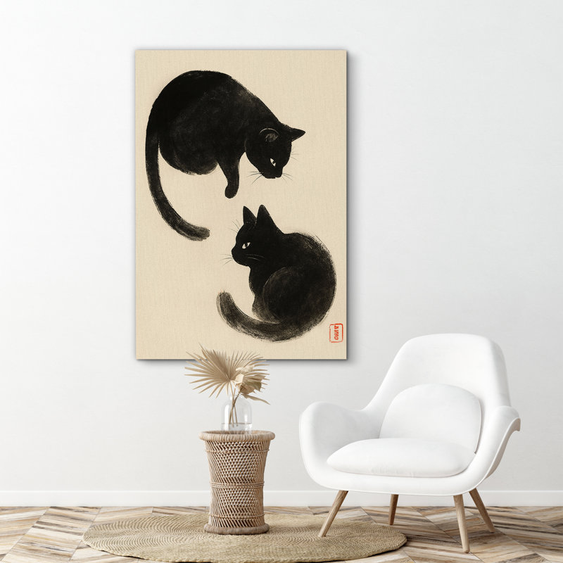 Minimaliste chats noirs dans un style pinceau sur fond beige - impression sur toile encadrée, H 24 po x l 16 po x P 1,5 po