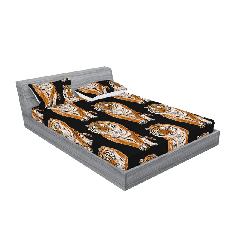 Ambesonne Fitted Sheet & Sham Exotic Jungle Tiger Boho Charcoal Grey Amber, Full Sheet Set with 2 Pillowcases