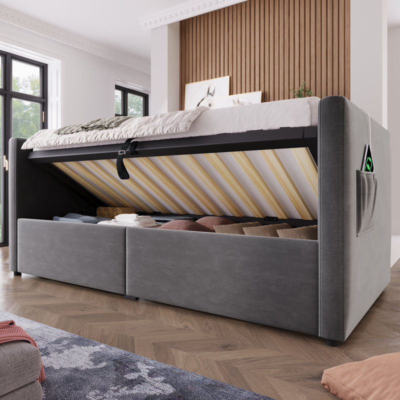 Canapé-lit à rangement hydraulique en velours avec USB / Type-C | Lit de jour simple pour un espace de vie moderne