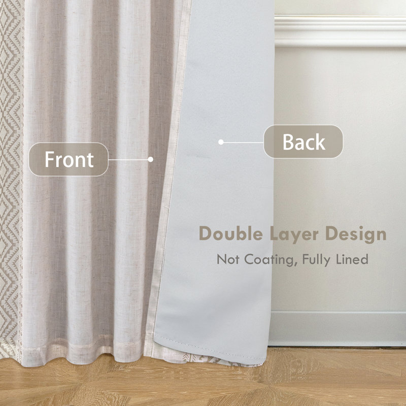 Boho Linen Blend Blackout Curtains Farmhouse Vintage Geo Retro Square Printed Pattern  Drapes Rod Pocket Back Tab 2 Panels