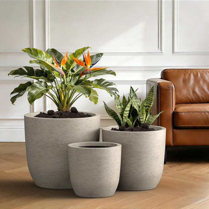Ensemble de 3 pots à fleurs en béton résistant aux intempéries, 13 / 16,5 / 20 pouces, intérieur et extérieur, gris chaud