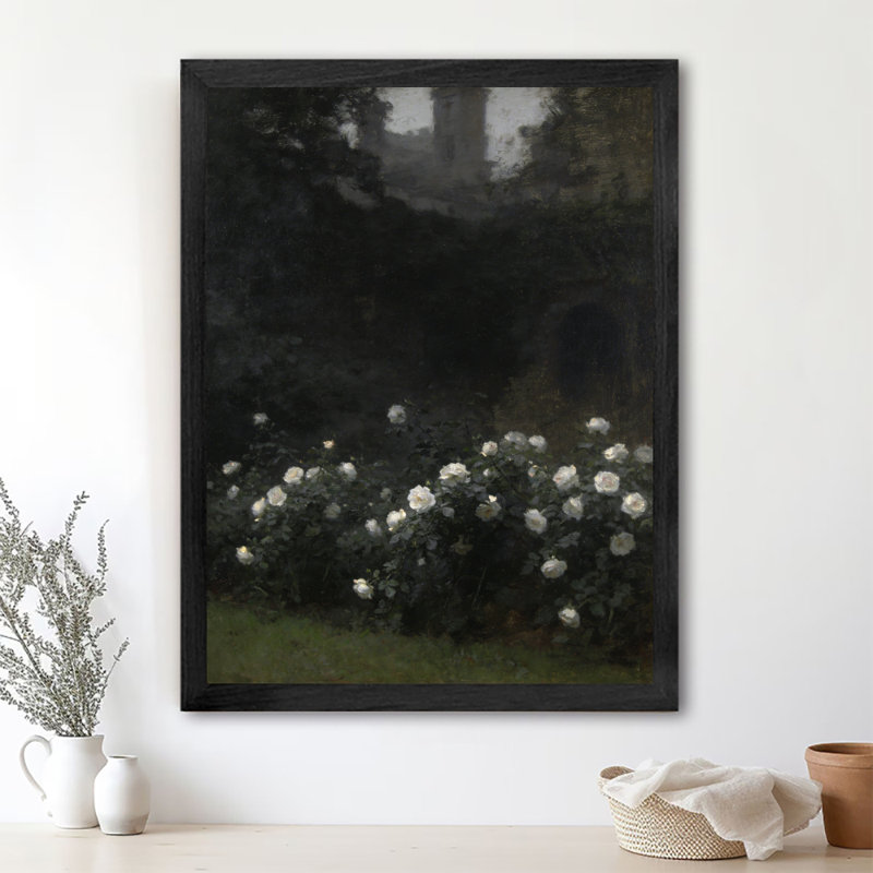 Reproduction d'art encadré noir et rose blanche dans la brume, H 11 po x l 9 po