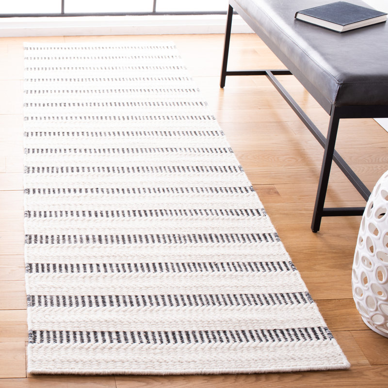 Oquendo Striped Handmade Tufted Cotton/Wool Black/Ivory Area Rug, Runner 2'3" x 13'