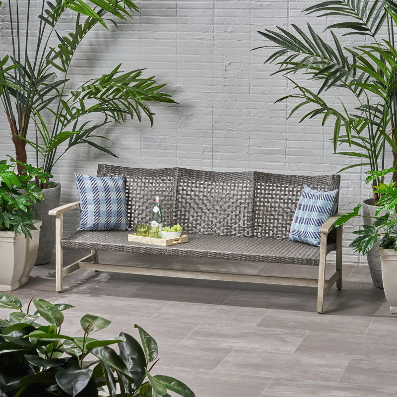 Outdoor Acacia Wood Wicker 3 Seater Sofa, Patio Furniture Conversation Set For Backyard, Gray