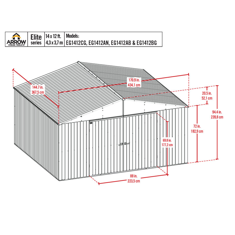 Elite Cool Grey 14' x 12' Steel Storage Shed with Swing Doors