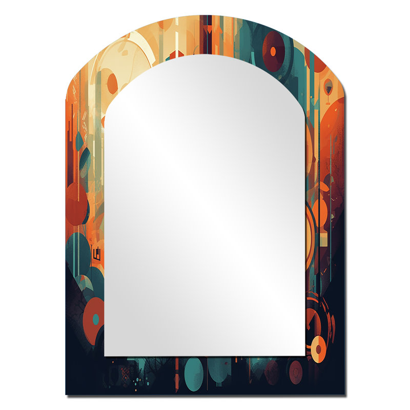 Orange et bleu abstrait Nostalgia II - miroir asymétrique moderne de style Mid-Century, miroir mural décoratif orange, impression sur métal