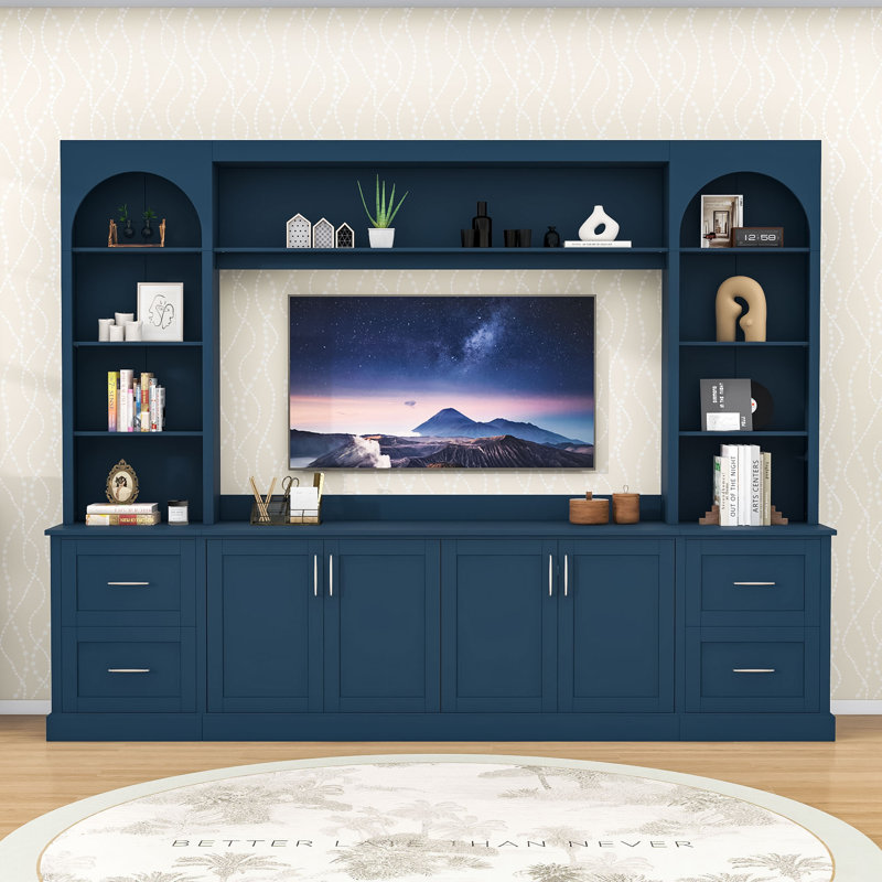 Meuble audio-vidéo en bois avec tiroirs de rangement, tablettes et armoire, Bleu