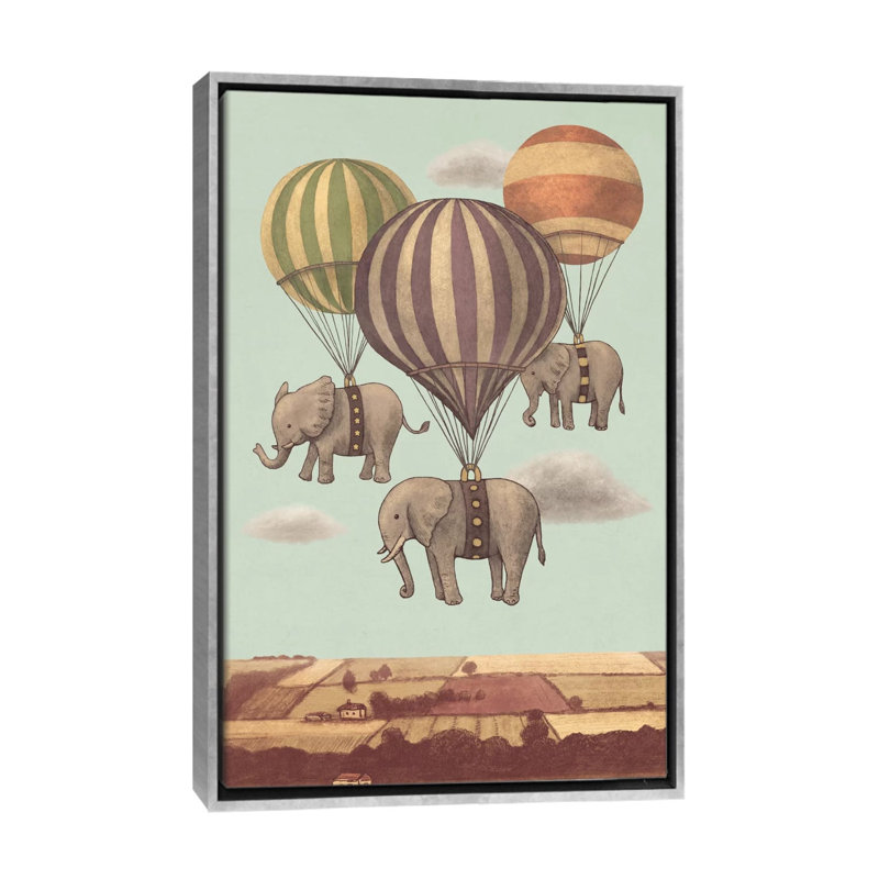 «Flight of the Elephants Mint» par Terry Fan - impression, Toile avec cadre argenté, Pas de tapis