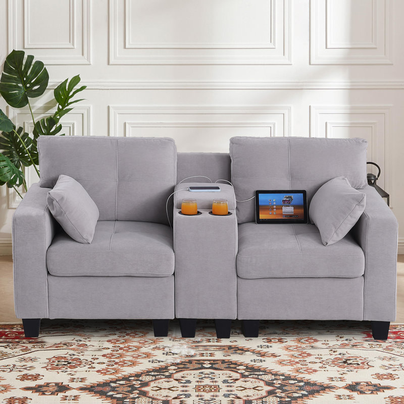 Modular Sofa With Storage, Cupholders, USB Port, Light Gray