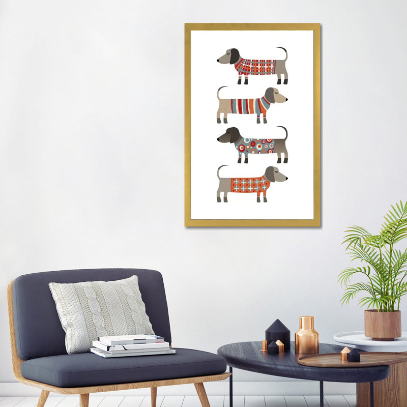 «Sausage Dogs in Pulls» par Nic Squirrell - impression, H 32 po x l 24 po x P 1 po, Papier encadré doré, Blanc