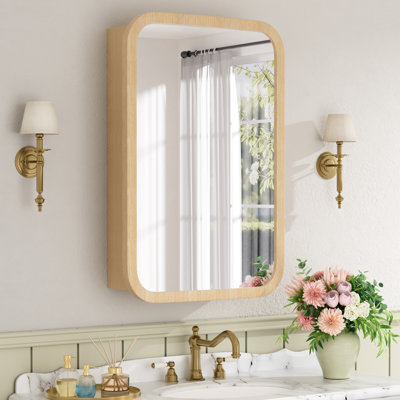 16" W X 24" H  Modern Rounded Corner Wood Medicine Cabinet with Mirror, Adjustable Glass Shelves, Reversible Door, Surface or Recessed Mount, Fully Assembled