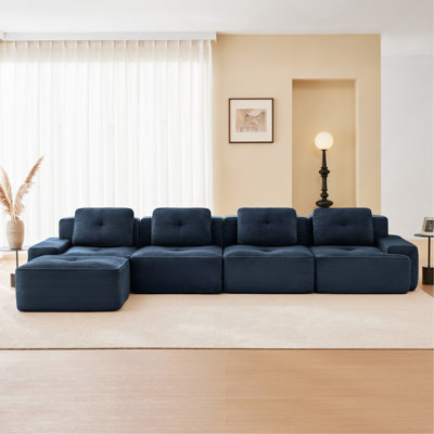 153" Modern L-Shaped Modular Sectional Sofa for Living Room,Corduroy Fabric,4-Seater Couch with Deep Seat and Movable Ottoman,Pearl-like piping,Tufted Design,No Assembly,Anti-slip Design,Blue