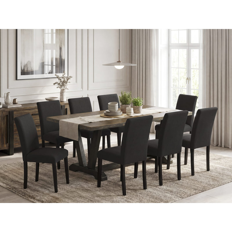 Ensemble de table de salle à manger 9 pièces comprenant une table rectangulaire en lin blanc et 8 chaises rembourrées en tissu de lin noir avec dossier haut - finition noire brossée