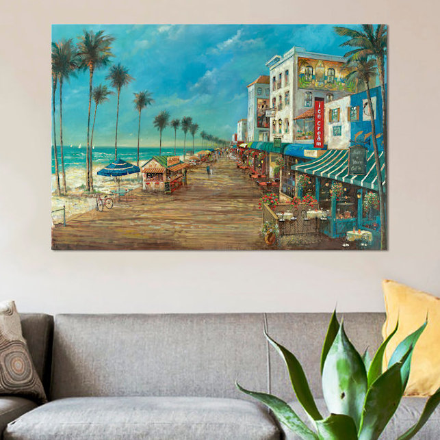 «A Day on the Boardwalk», reproduction d'art sur toile, H 16 po x l 24 po x P 1 po, Papier avec cadre noir, Blanc