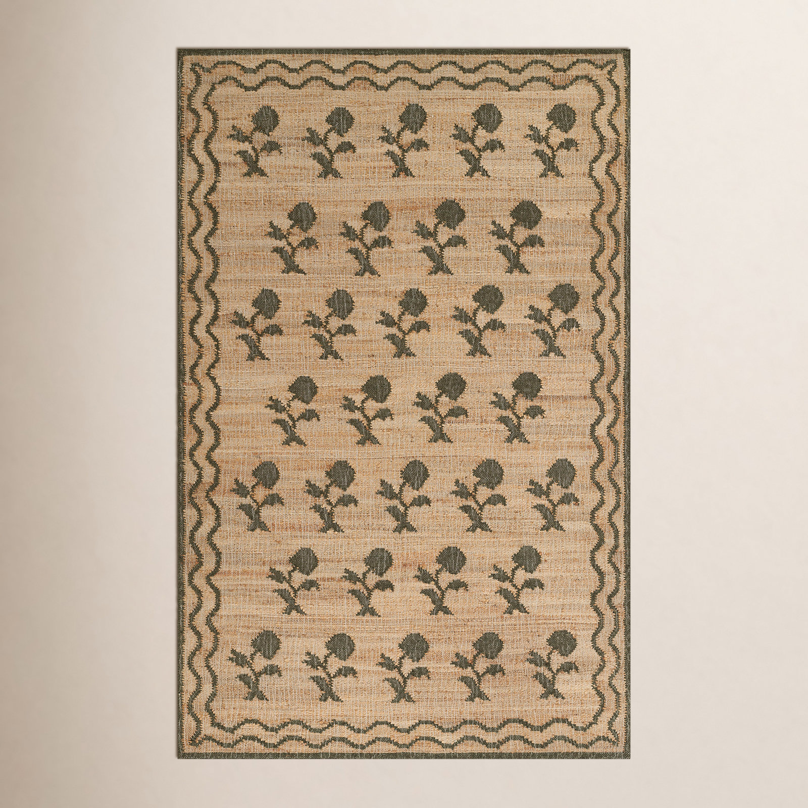 Orchard Green Hand-Woven Floral Jute Rug, Rectangle 2' x 3'