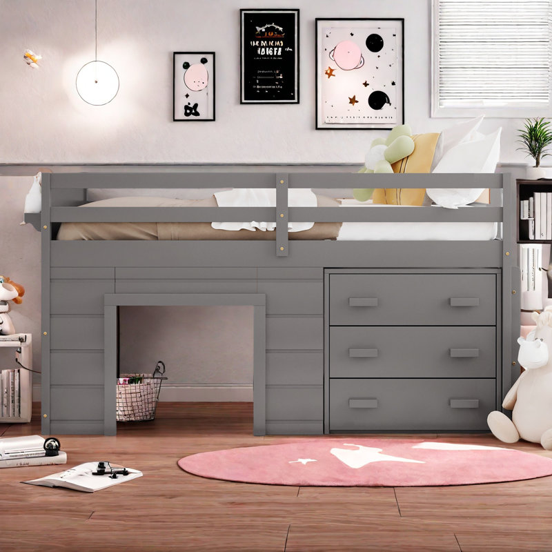 Lit mezzanine simple avec armoire et tablette, Gris