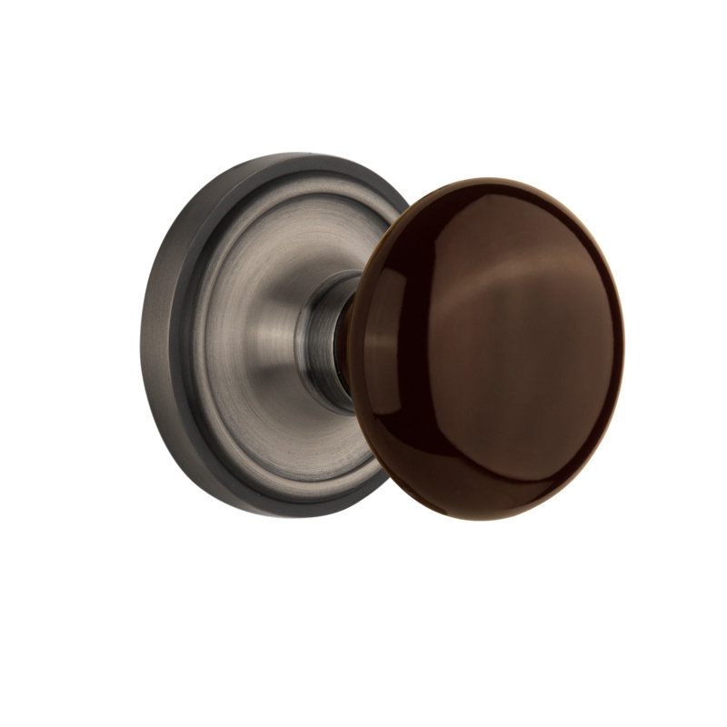Classic Rosette with Brown Porcelain Door Knob, Antique Pewter, 2-3/8"