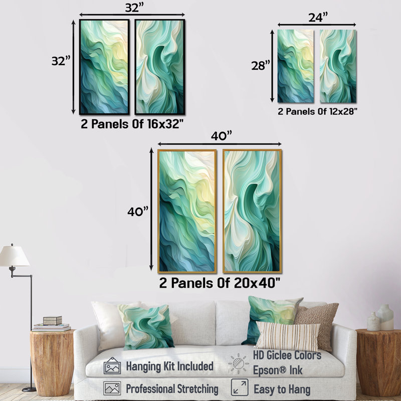 «Gree And White Sway Wave Serenity I», ensemble de 2 reproductions d'art abstrait, H 40 po x l 41 po, Cadre flottant blanc