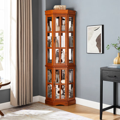 Armoire de coin en chêne avec 5 tablettes et fonction d'éclairage Curio