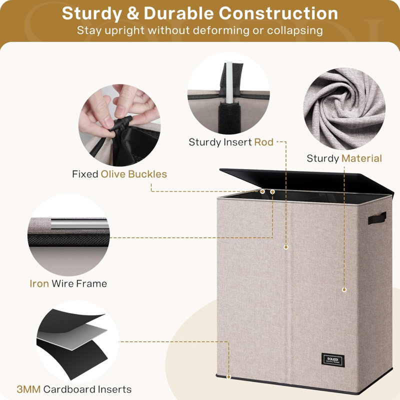 Large Double Laundry Hamper With Lid, Collapsible Clothes Hamper 2 Section With Removable Bags, Space-Saving Laundry Basket For Bedroom, Dorm, College