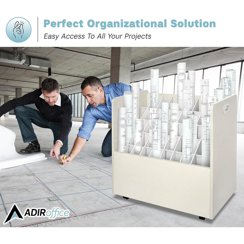 White Wood Mobile Roll File Storage Organizer with 50 Compartments