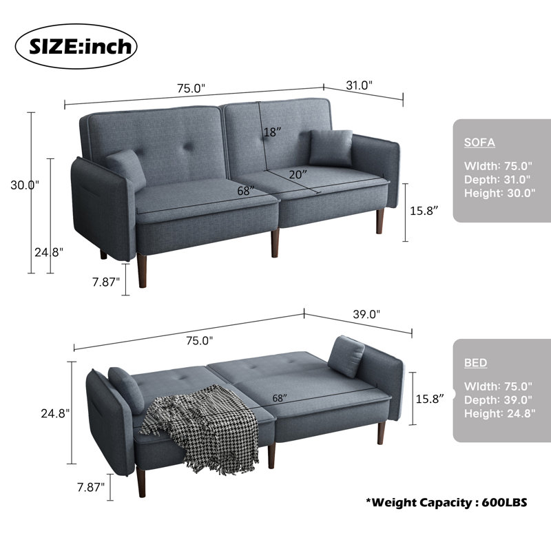 Upholstered 31'' Sleeper Sofa, Gray 100% Polyester