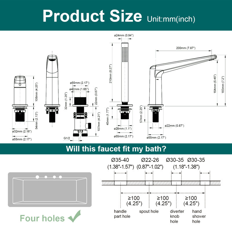 Topcraft Deck-Mounted 4-Hole Bathtub Filler Faucet With Handheld Shower, Brushed Gold