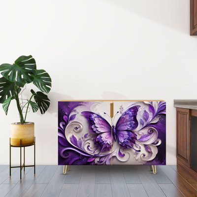 Buffet Buffet avec rangement Papillon ornemental mauve complexe à tourbillons floraux dégradés avec 2 portes pour le salon et la cuisine