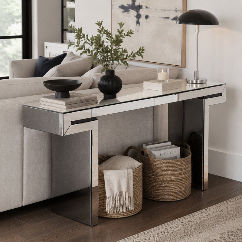 Console miroir pleine longueur avec verre trempé cannelé, table d'entrée avec miroir