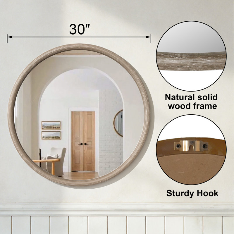 30'' Leyburn Modern Round Solid Natural Wood Framed Wall Mounted Mirror For Bathroom&Bedroom, 30" x 30", Antique Natural