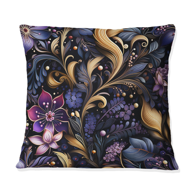 Coussin romantique à imprimé floral bleu et mauve romantique, H 16 po x l 16 po
