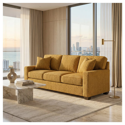 Clifford 92" Square Arm Sofa in Mustard Yellow Polyester – Made in USA, Engineered Hardwood Frame